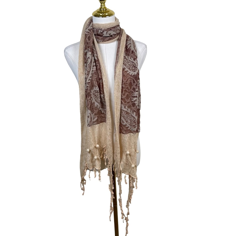 Paisley‎ Knit Tassel Scarf Women Tan Brown Beaded Boho Romantic Wrap Fairy